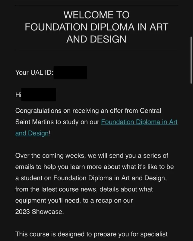 Central Saint Martins offer, Foundation Diploma in Art and Design