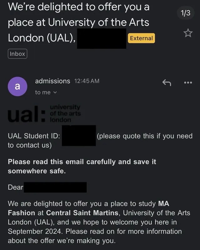 Central Saint Martins offer, MA Fashion