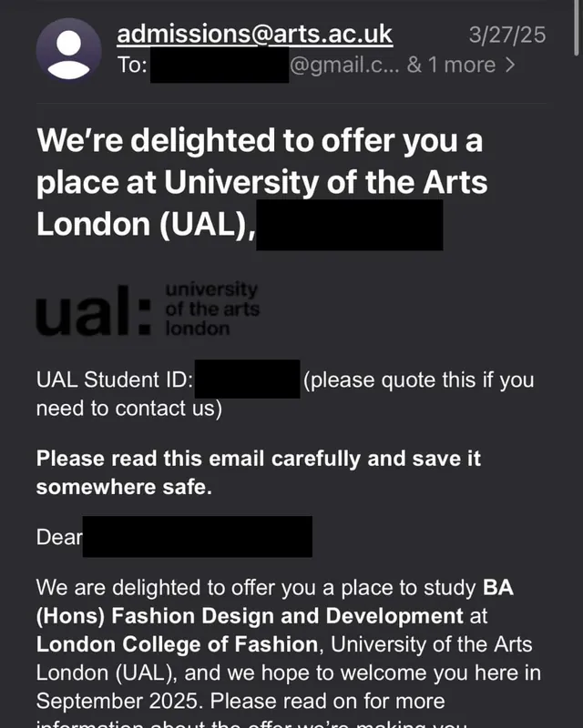 London College of Fashion offer, BA Fashion Design and Development