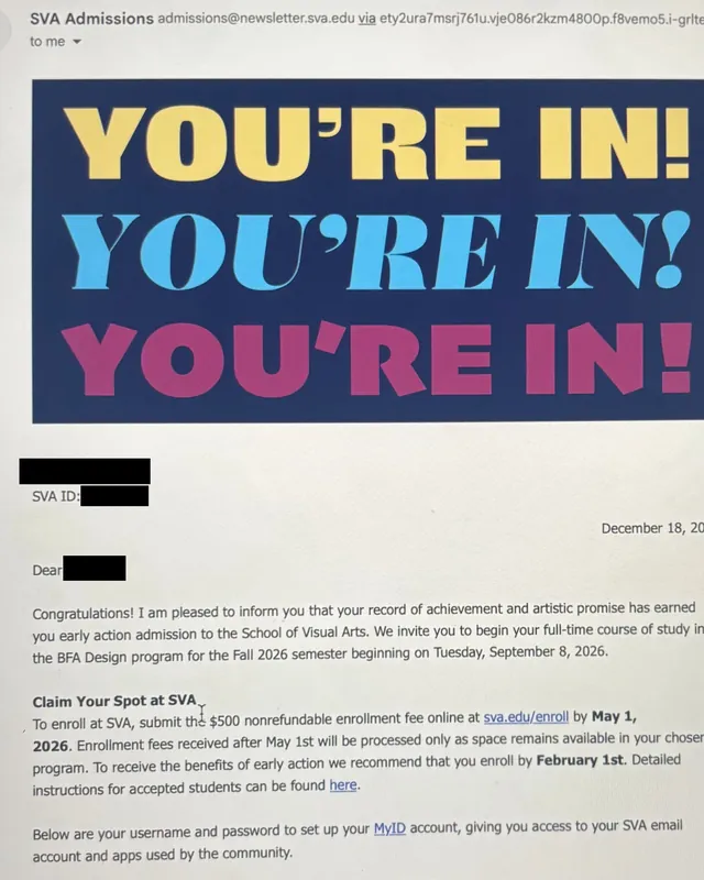School of Visual Arts offer, BFA Design